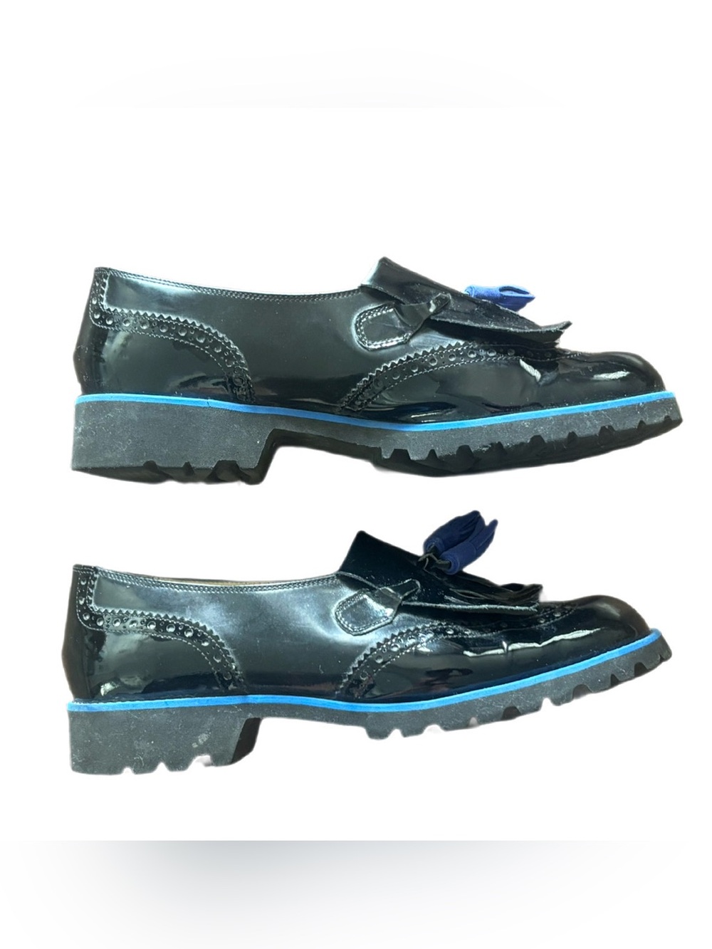 Patrizia Motta Black Patent Leather Kiltie Loafers Electric Blue Tassels EU 39.5